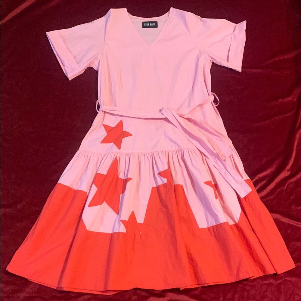 Style Mafia Bright Pink + Red Cotton Ruffled Midi Dress with Stars Size Large